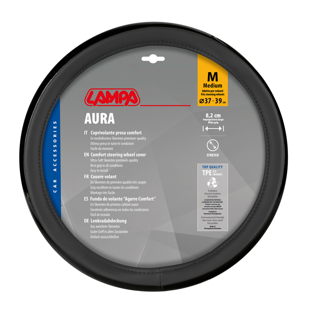 Εικόνα 1 από 3 — Lampa – Κάλυμμα Τιμονιού AURA (M) 37/39cm Μαύρο ένθετο με γυαλάδα άοσμο μαλακό Skeentex – 1 τεμ. (L3290.5)