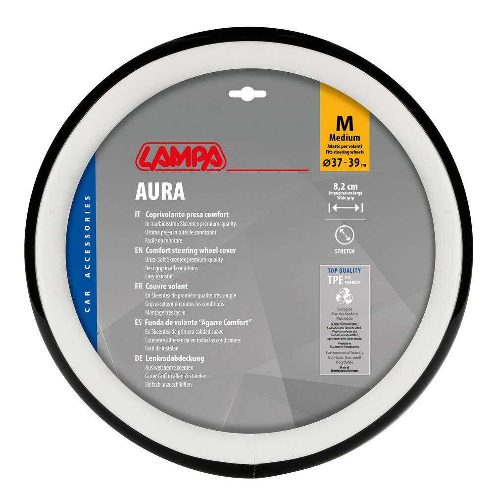 Εικόνα 1 από 3 — Lampa – Κάλυμμα Τιμονιού AURA (M) 37/39cm Μαύρο ένθετο με γυαλάδα / Λευκό άοσμο μαλακό Skeentex – 1 τεμ. (L3290.6)