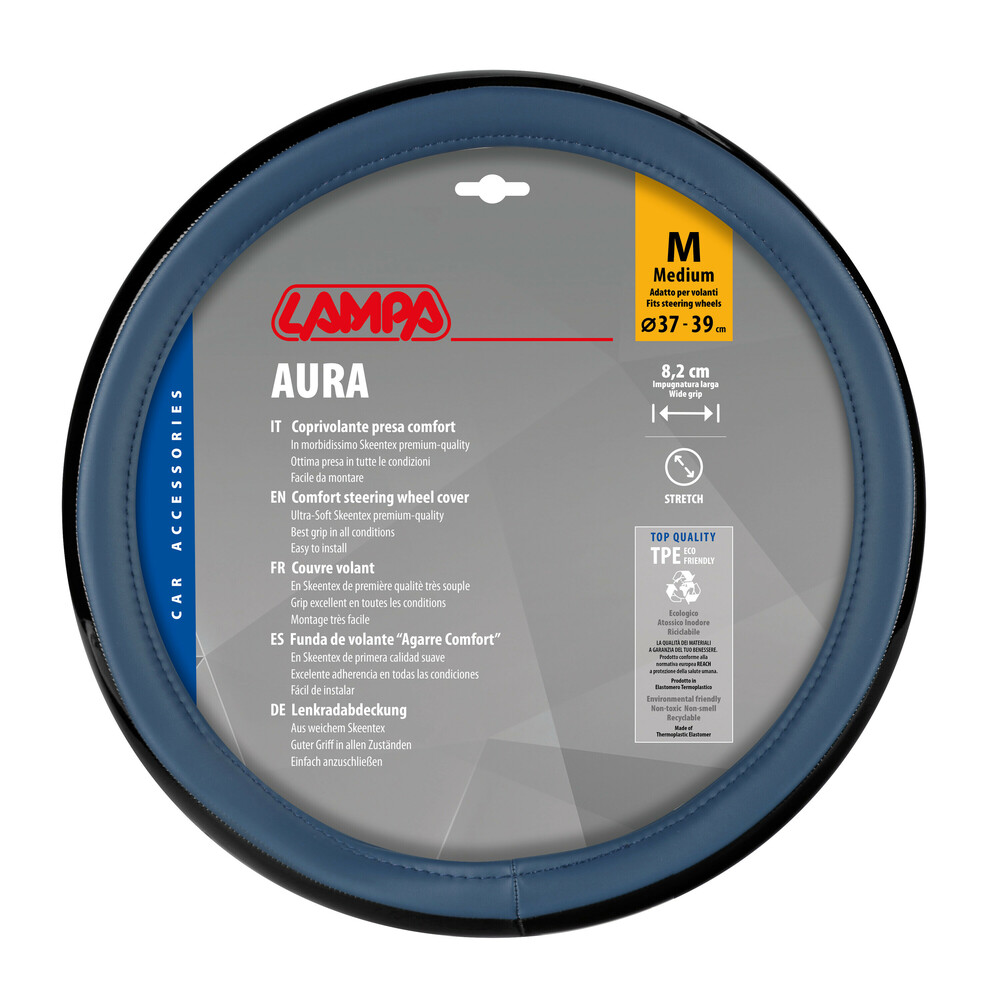 Εικόνα 1 από 3 — Lampa – Κάλυμμα Τιμονιού AURA (M) 37/39cm Μαύρο ένθετο με γυαλάδα / Μπλέ άοσμο μαλακό Skeentex – 1 τεμ. (L3290.8)