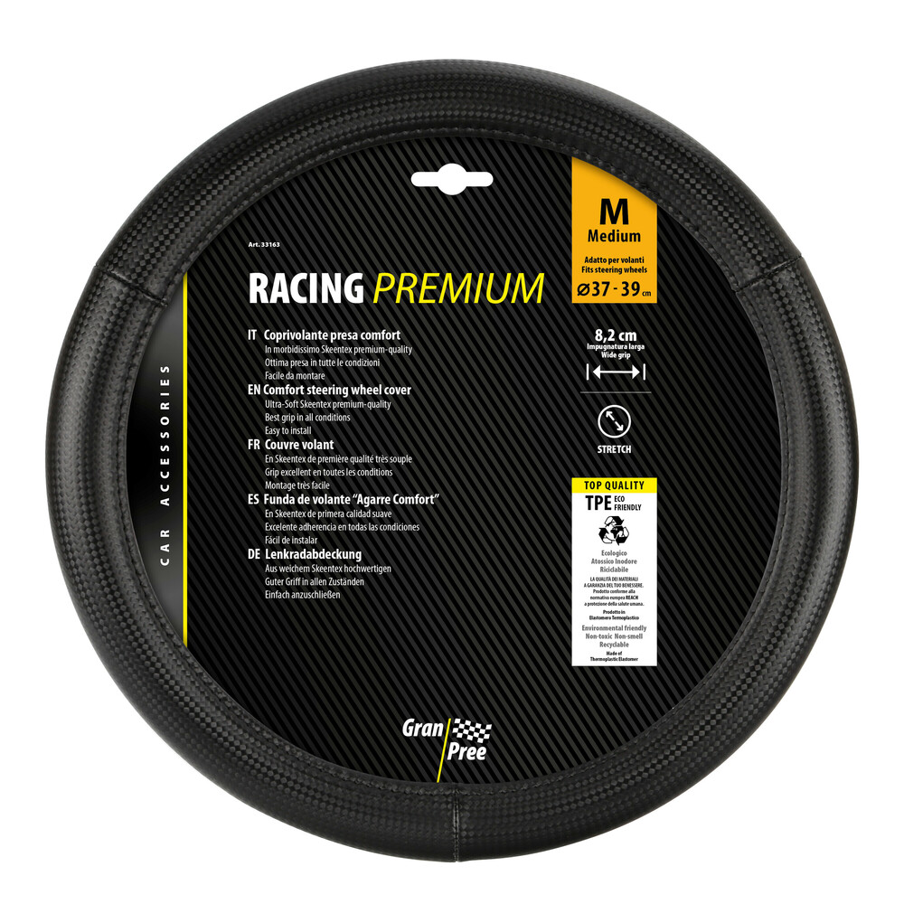 Εικόνα 4 από 4 — ΚΑΛΥΜΜΑ ΤΙΜΟΝΙΟΥ RACING PREMIUM BLACK (Μ) 37/39cm ΣΥΝΘΕΤΙΚΟ ΔΕΡΜΑ SKEENTEX ΜΑΥΡΟ/CARBON LOOK LAMPA  – 1 ΤΕΜ.