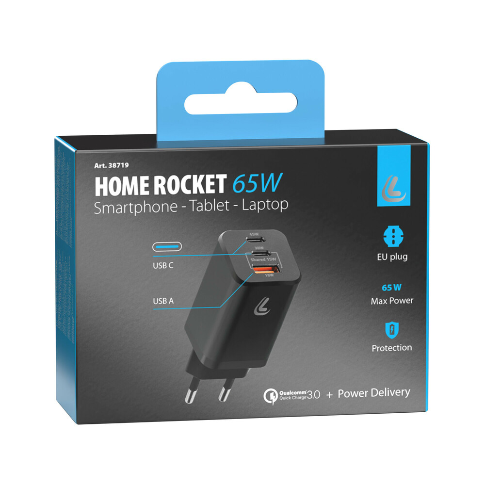 Εικόνα 4 από 4 — ΦΟΡΤΙΣΤΗΣ ΜΕ ΟΙΚΙΑΚΗ ΠΡΙΖΑ HOME ROCKET 65W 100/230V 65W ΜΕ 3 ΘΥΡΕΣ USB (USB-A+USB-Cx2) QUICK CHARGE LAMPA – 1 ΤΕΜ.