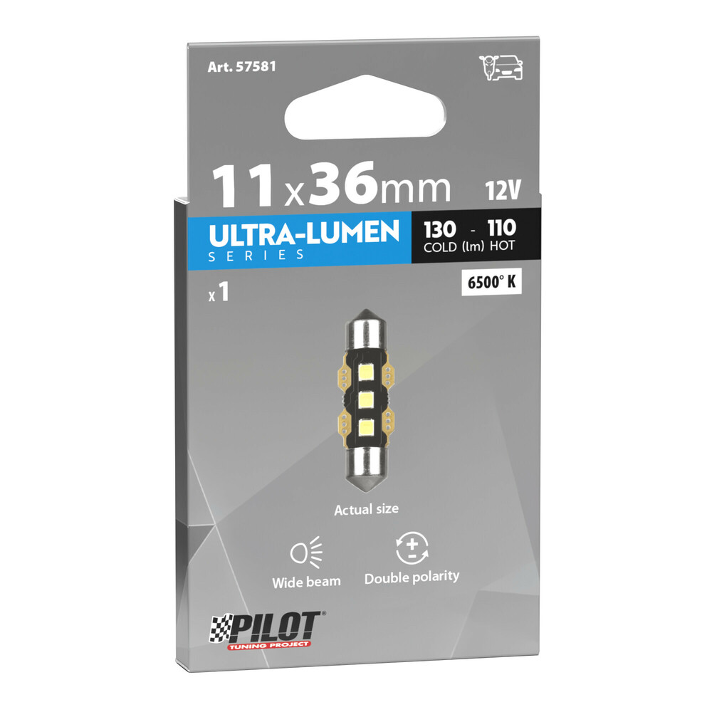 Εικόνα 3 από 3 — ΛΑΜΠΑΚΙΑ ΠΛΑΦΟΝΙΕΡΑΣ 12V 11x36mm 130/110lm 6.500K ΔΙΠΛΗΣ ΠΟΛΙΚΟΤΗΤΑΣ LED ULTRA-LUMEN SERIES 1ΤΕΜ.