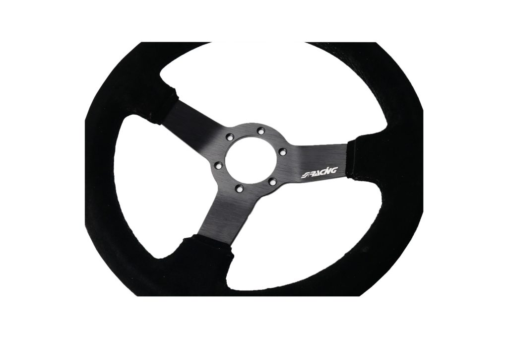 Εικόνα 3 από 3 — ΤΙΜΟΝΙ ΤΡΙΑΚΤΙΝΟ 320 mm/ΠΑΧΟΣ 104 mm/BΑΘΟΣ 47 mm ΜΑΥΡΟ ΣΟΥΕΤ ΜΕ ΚΙΤΡΙΝΗ ΡΙΓΑ SIMONI RACING – 1 TEM.