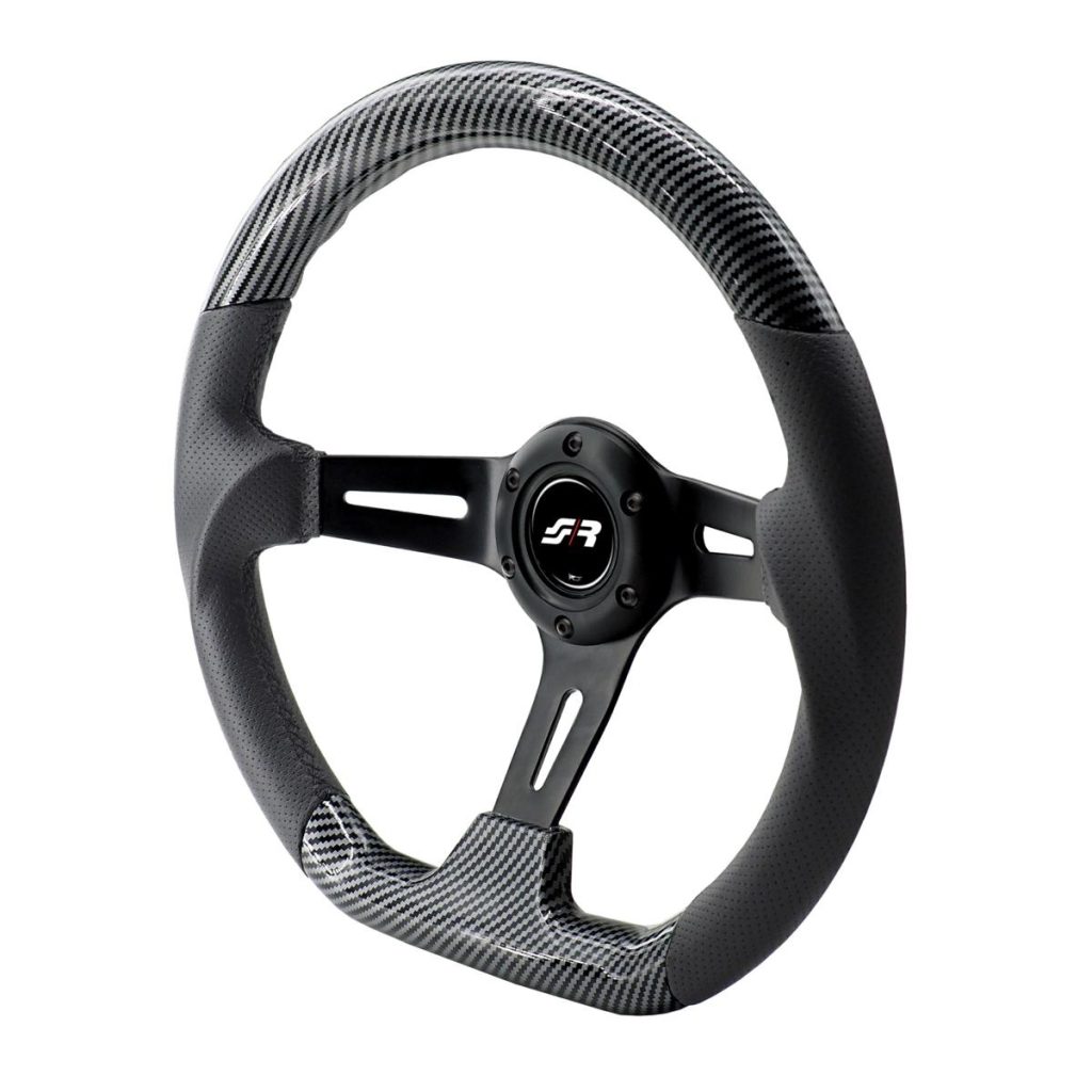 Εικόνα 1 από 5 — ΤΙΜΟΝΙ GIAU CARBON LOOK ΤΡΙΑΚΤΙΝΟ ΜΑΥΡΟ ΔΙΑΜΕΤΡΟΣ 350mm ΠΑΧΟΣ 70mm SIMONI RACING  – 1 τεμ.
