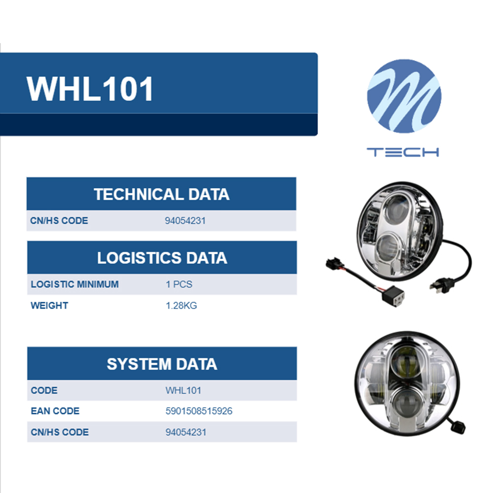 Εικόνα 6 από 6 — M-Tech – Στρογγυλό Φανάρι WHL101 CHROME 7” με 8 Cree LED (XML-10W) 9-36V 6000-6500K σε Χρώμιο – 1 τεμ. (WHL101/MT)